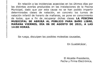 El 6 de agosto, la piscina abrirá sus puertas a las 14h por recuperación de clases de natación.